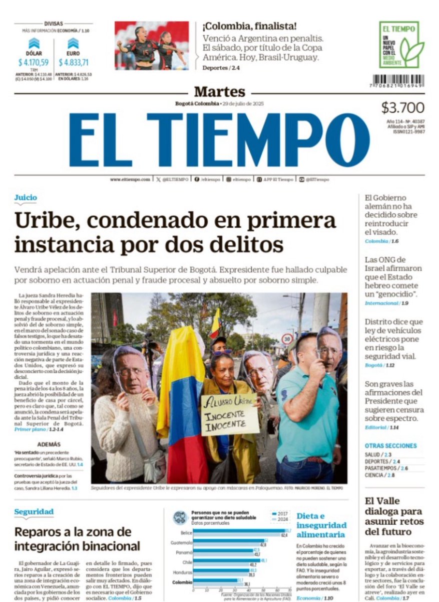🔴La histórica portada del diario <a href="/ELTIEMPO/">EL TIEMPO</a> ayer, tras la condena al expresidente <a href="/AlvaroUribeVel/">Álvaro Uribe Vélez</a> en el llamado juicio del siglo en #Colombia. Ahora viene la apelación… 👇