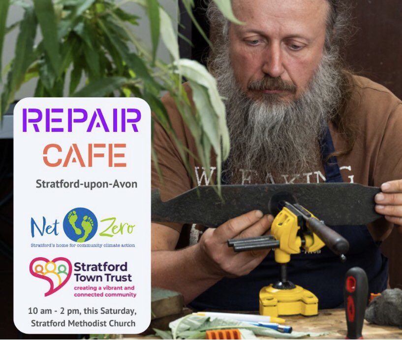Here this Saturday #StratfordUponAvon Repair Cafe 10am-2pm (last repairs 1pm). Bring your broken stuff to see if it can be repaired for free (donations appreciated to help cover costs). This month’s “Give and Take" stall is for toys &amp; games. Refreshments netzerostratford.org.uk/events/repair-…