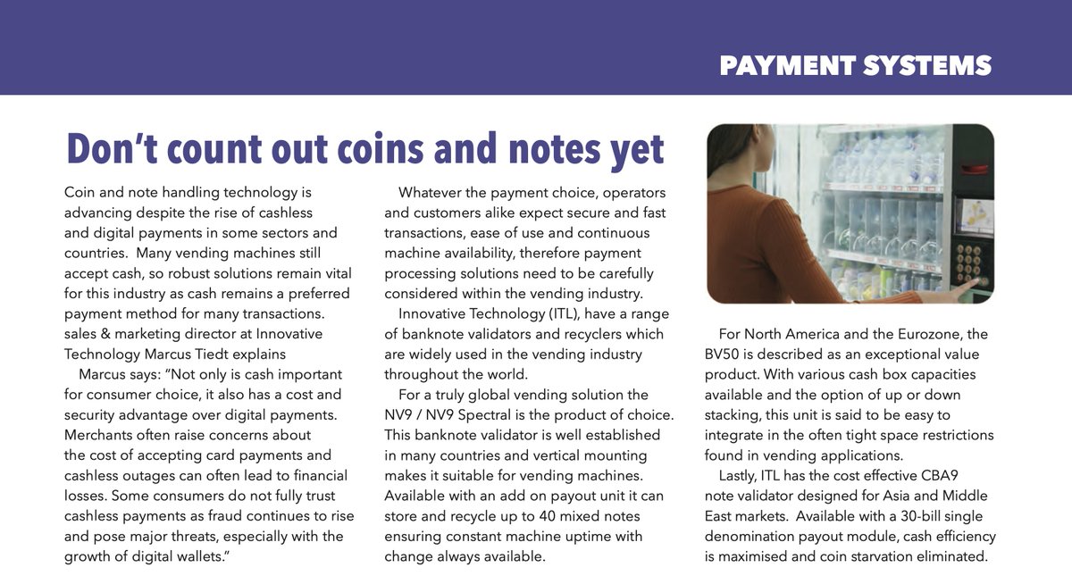 notevalidators's tweet image. Thanks to @vendnews for including our piece in their Payment Systems special.
#CashPayments #Coins #Notes #PaymentTechnology
Find out more about our cash validation products: innovative-technology.com/products/#sect…
content.yudu.com/web/69r/0A1ig2…