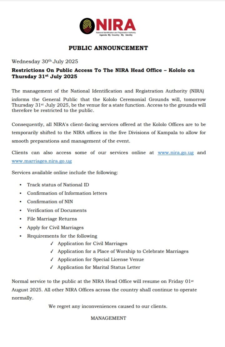 #PublicNotice: Only Kololo Ceremonial Grounds offices will be affected tomorrow, Thursday 31.07.25.