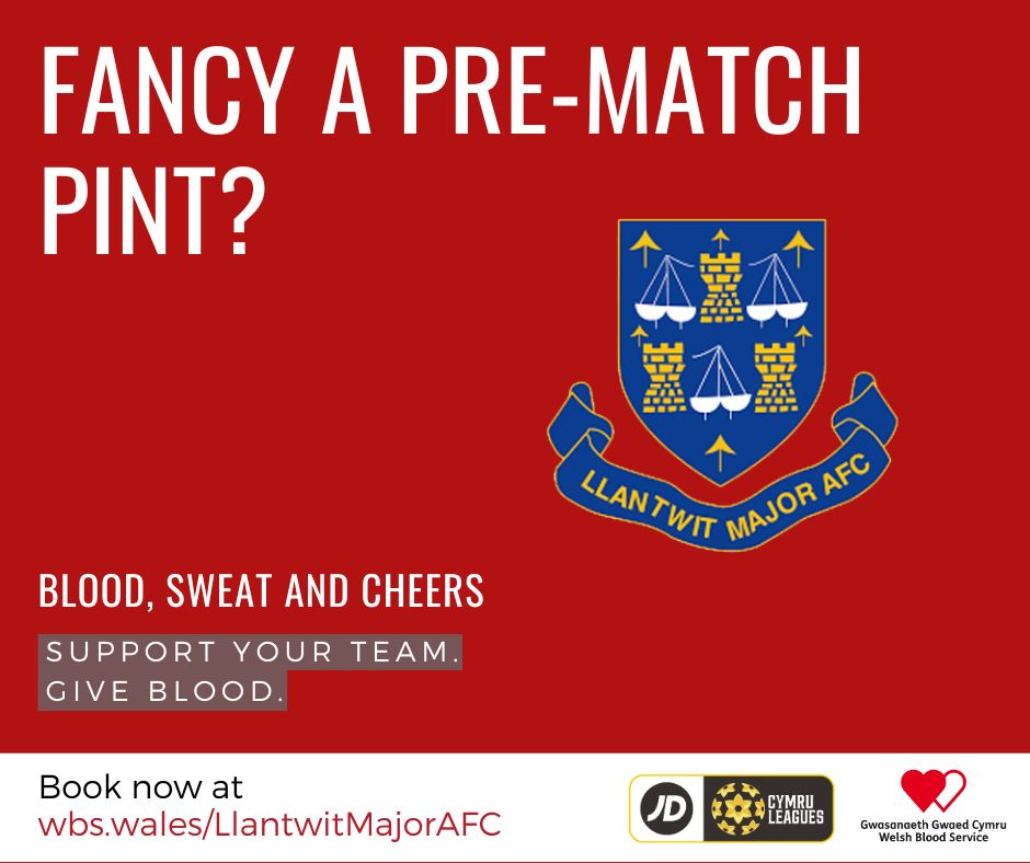 We're happy to support <a href="/WelshBlood/">Welsh Blood 🏴󠁧󠁢󠁷󠁬󠁳󠁿</a> as their partnership with Welsh football continues! They've reached out asking to help us fill the 88 available appointments in Llantwit on 11th August 💙💛

Sign up - donorportal.wales.nhs.uk/appointmenttim…
