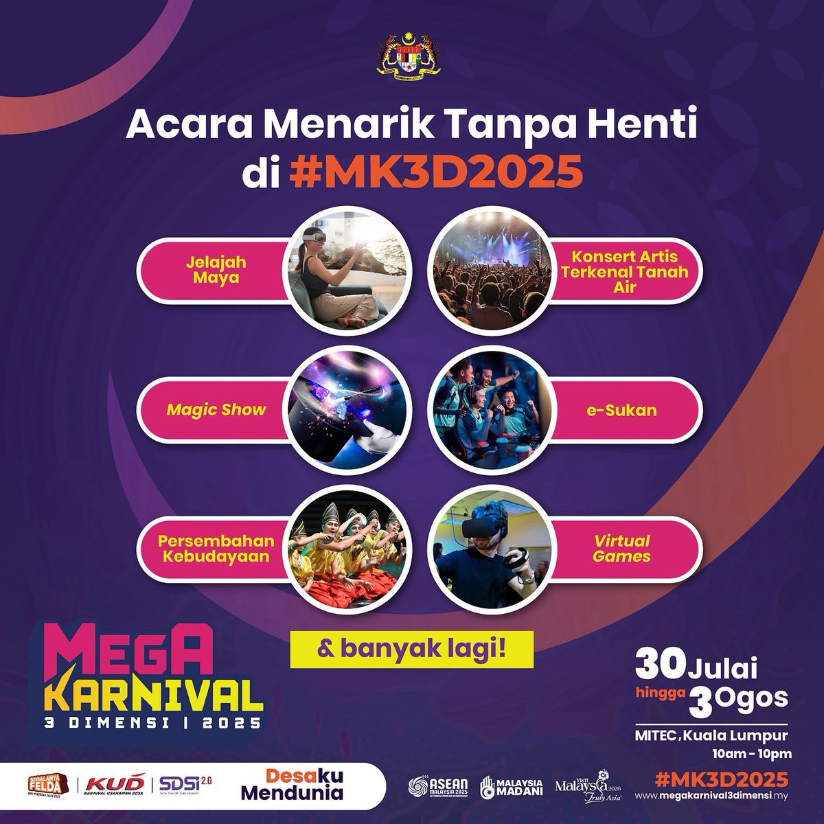 Hari ni dah start dah event Mega Karnival 3 Dimensi. Weekend ni taktau nak pi mana boleh mai sini. Selain jual produk lokal dari peniaga desa, aktiviti lain pun meriah macam konsert, e sport, games. Sesuai untuk semua lapisan umur

 #MK3D2025  #DesakuMendunia