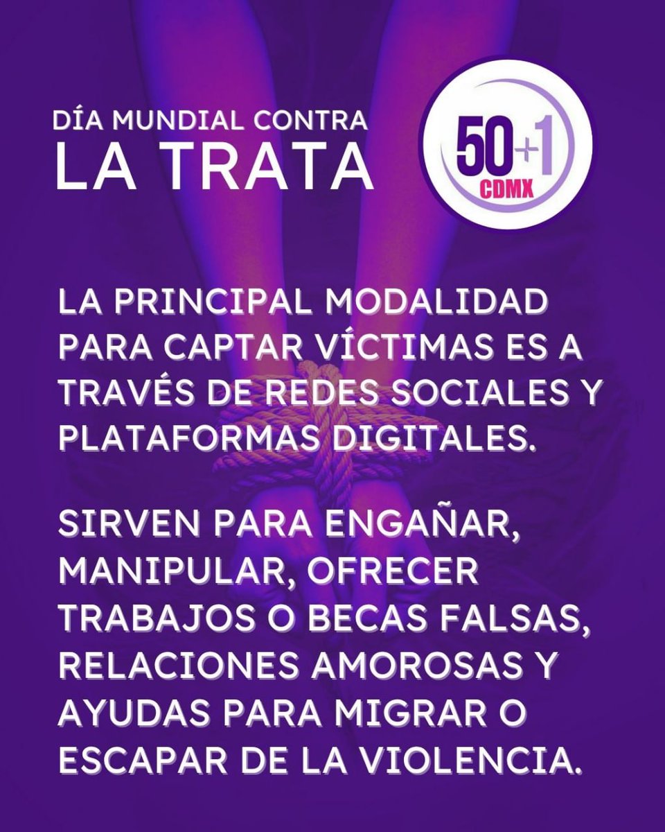 🇲🇽 En México, la mayoría de las víctimas del delito de trata son mujeres, niñ<a href="/s/">『S』</a> y adolescentes.
❌️ Se calcula que por cada caso denunciado, hay hasta nueve que no se reportan.
♀️ Hoy visibilizamos este crimen que atenta contra miles de mexicanas.
#Somos50Más1 
#TrataDePersonas