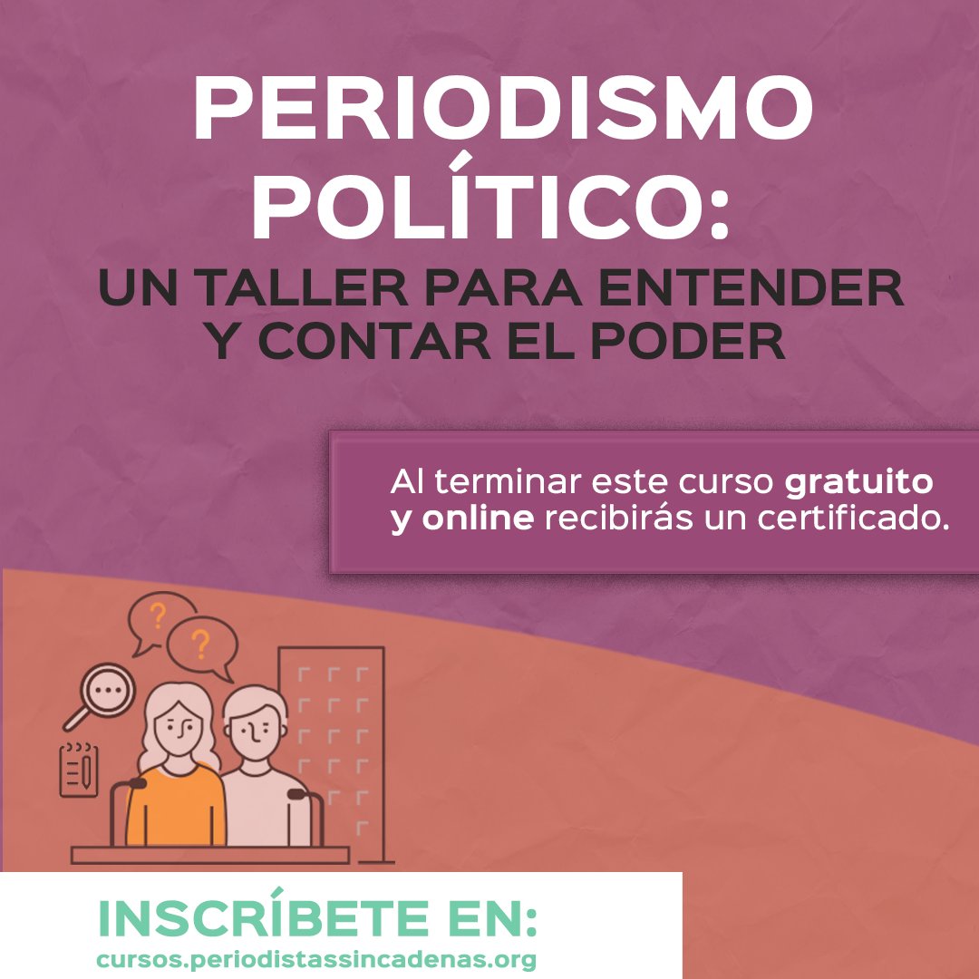 Fundación Periodistas Sin Cadenas (@sincadenasecu) on Twitter photo ➡️En este curso online de <a href="/SinCadenasECU/">Fundación Periodistas Sin Cadenas</a>, <a href="/angela_melendez/">Ángela Meléndez</a>, te enseñará sobre la cobertura política en 🇪🇨 con una mirada crítica. También profundiza en formatos como la crónica política y la visualización de datos.
💡Inscríbete sin costo aquí: cursos.periodistassincadenas.org/cursos/taller-… ➡️En este curso online de <a href="/SinCadenasECU/">Fundación Periodistas Sin Cadenas</a>, <a href="/angela_melendez/">Ángela Meléndez</a>, te enseñará sobre la cobertura política en 🇪🇨 con una mirada crítica. También profundiza en formatos como la crónica política y la visualización de datos.
💡Inscríbete sin costo aquí: cursos.periodistassincadenas.org/cursos/taller-…