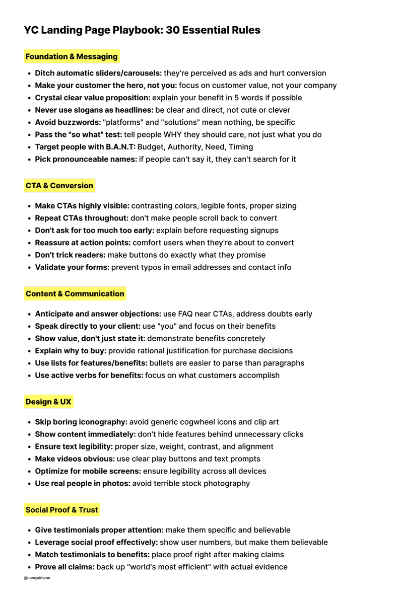 I analyzed 200+ YC startups landing pages to find what actually converts.

Most fail at the basics.

My 1 minute summary and 30 tips below.