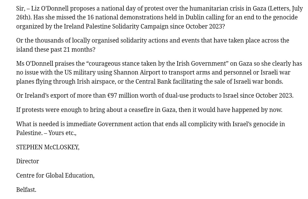IDEA: Irish Development Education Association (@ideaireland) on Twitter photo Letter by Stephen McCloskey of IDEA member <a href="/CGEbelfast/">Centre for Global Ed</a> in yesterday’s <a href="/IrishTimes/">The Irish Times</a> calls for a more urgent government response to the genocide in Gaza. Letter by Stephen McCloskey of IDEA member <a href="/CGEbelfast/">Centre for Global Ed</a> in yesterday’s <a href="/IrishTimes/">The Irish Times</a> calls for a more urgent government response to the genocide in Gaza.