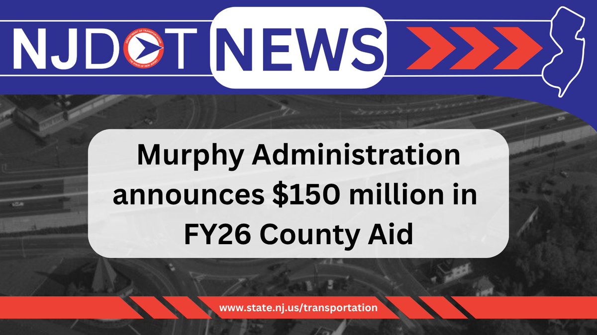 NJDOT News -- Murphy Administration announces $150 million in FY26 County Aid. Read more: bit.ly/45hTyev