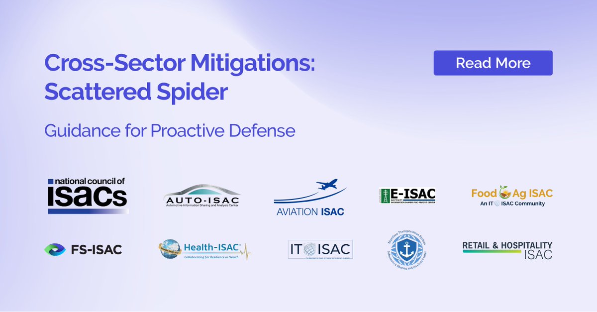 FS-ISAC (@fsisac) on Twitter photo The Scattered Spider ransomware group is dangerous, greedy, and actively preying on businesses in multiple industries. 10 ISACs collaborated to analyze Scattered Spider tradecraft and identify the mitigations that help keep firms safe. hubs.ly/Q03zvTz-0 The Scattered Spider ransomware group is dangerous, greedy, and actively preying on businesses in multiple industries. 10 ISACs collaborated to analyze Scattered Spider tradecraft and identify the mitigations that help keep firms safe. hubs.ly/Q03zvTz-0