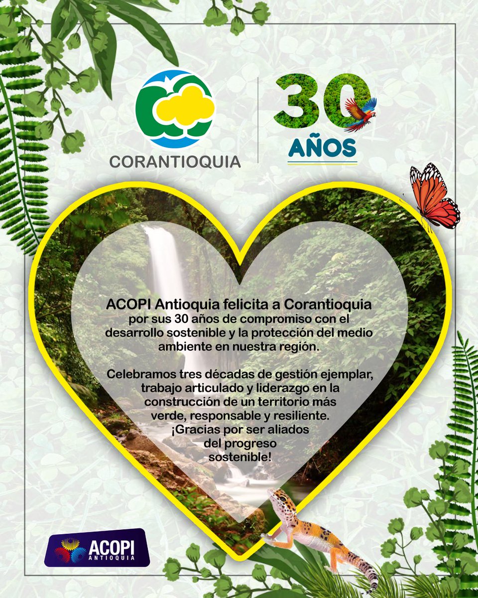 🌿💚 ¡Celebramos 30 años de compromiso con el planeta!
Desde ACOPI Antioquia felicitamos a <a href="/Corantioquia/">Corantioquia</a> por tres décadas de liderazgo en la protección ambiental y la construcción de un territorio sostenible.
Gracias por ser aliados del progreso responsable. 🌎✨