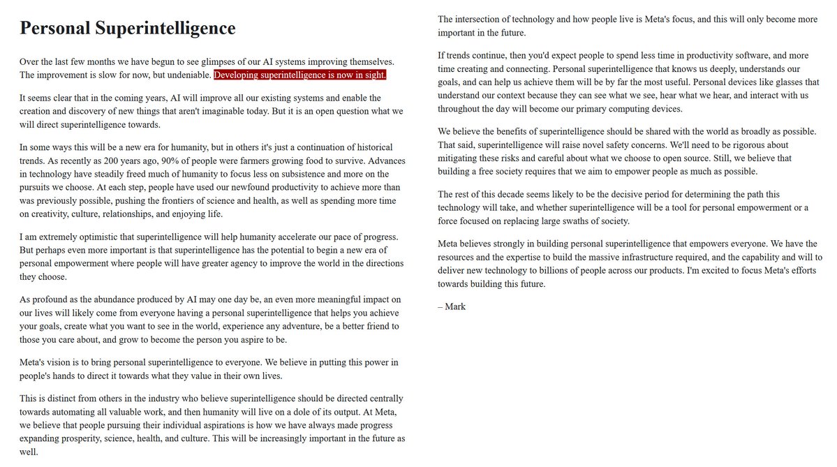 JUST IN - Meta's Zuckerberg: "Developing superintelligence is now in sight."