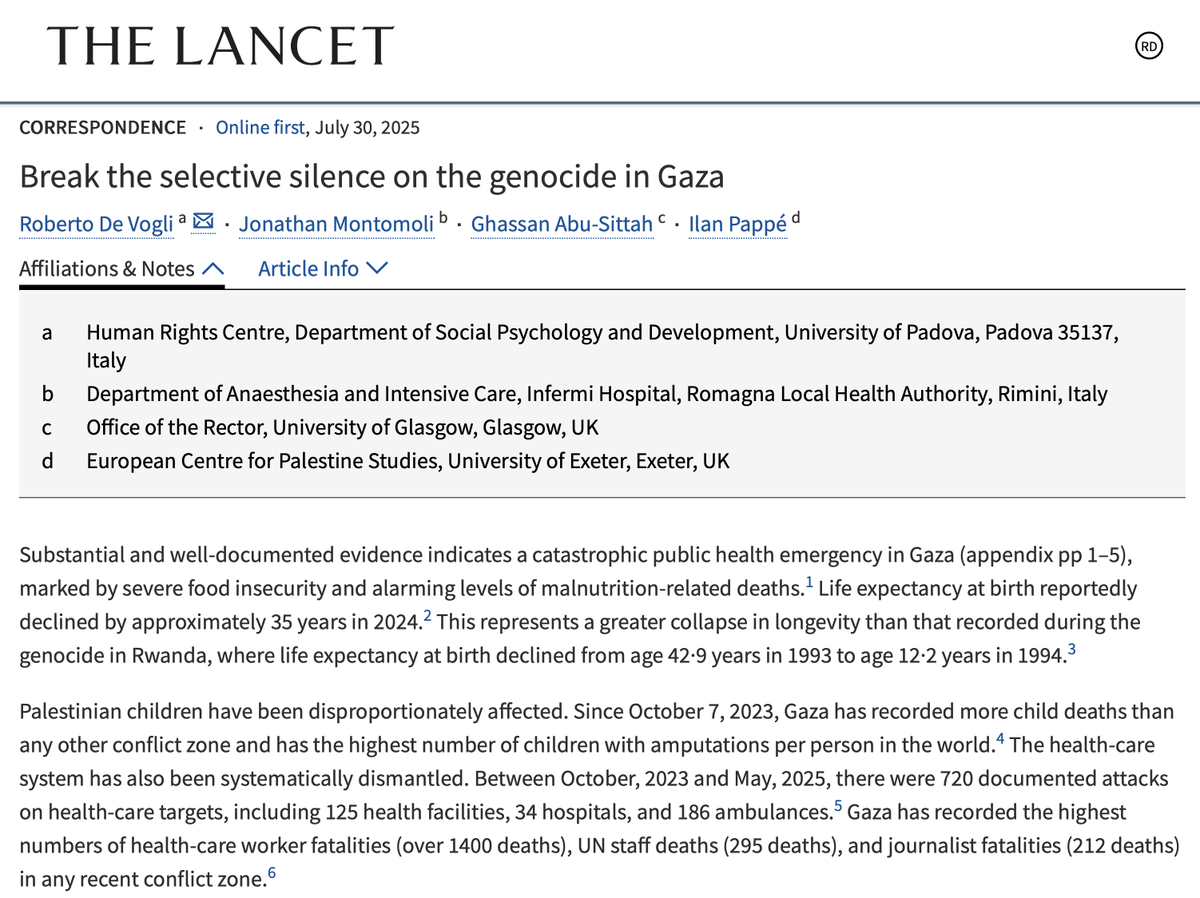 Roberto De Vogli (@roberto_devogli) on Twitter photo The Lancet: Break the selective silence on the genocide
Longevity in Gaza declined by 35 years - a greater collapse than during the 1994 Rwanda genocide
This genocide is an ethical test: silence is not an option
<a href="/guardian/">The Guardian</a> <a href="/Independent/">The Independent</a> <a href="/democracynow/">Democracy Now!</a>
thelancet.com/journals/lance… The Lancet: Break the selective silence on the genocide
Longevity in Gaza declined by 35 years - a greater collapse than during the 1994 Rwanda genocide
This genocide is an ethical test: silence is not an option
<a href="/guardian/">The Guardian</a> <a href="/Independent/">The Independent</a> <a href="/democracynow/">Democracy Now!</a>
thelancet.com/journals/lance…