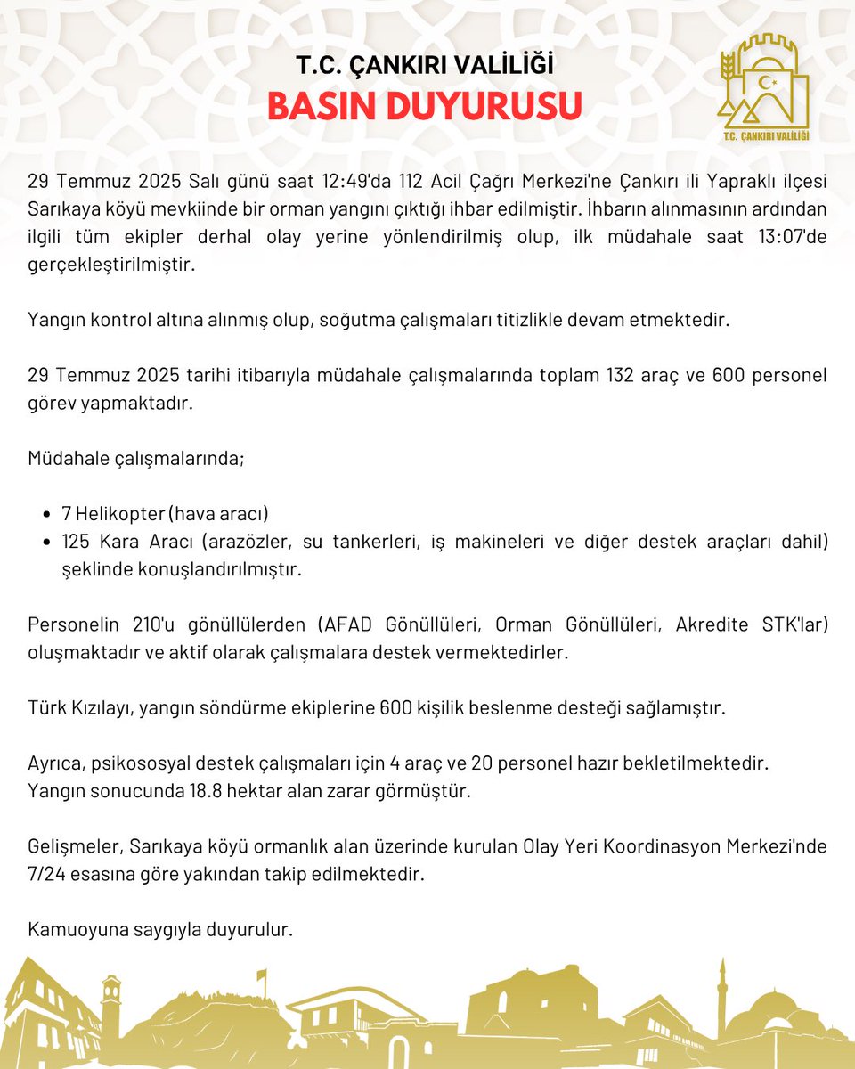 Çankırı Yapraklı Sarıkaya Köyü Orman Yangını Basın Açıklaması

29 Temmuz 2025 Salı günü saat 12:49’da 112 Acil Çağrı Merkezi’ne Çankırı ili Yapraklı ilçesi Sarıkaya köyü mevkiinde bir orman yangını çıktığı ihbar edilmiştir. İhbarın alınmasının ardından ilgili tüm ekipler derhal
