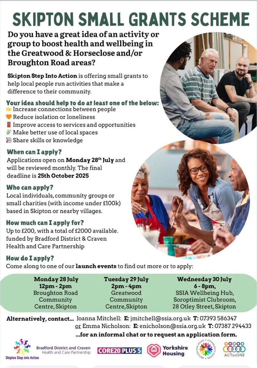 Skipton Small Grant Scheme

Do you have a great idea for an activity or group to boost health and wellbeing in the Greatwood and Horseclose and / or Broughton Road areas?

Skipton Step into Action  are offering small grants to help local people run activities in the community