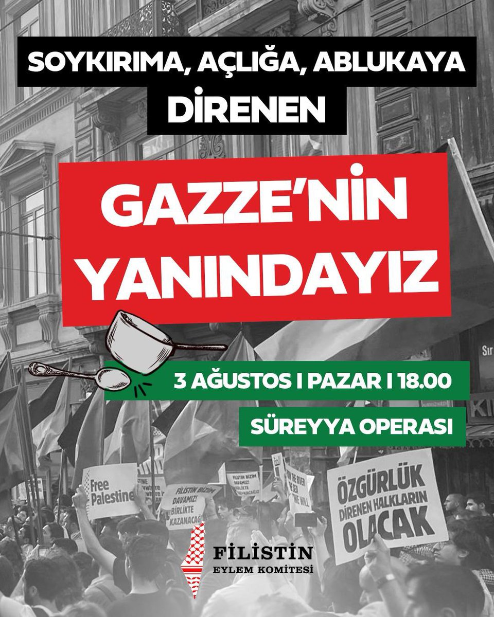 22 aydır Gazze Şeridi’ne saldıran siyonist rejim, açlığı da soykırım silahı olarak kullanıyor.

Filistin halkı, dünyanın özgür halklarını soykırıma karşı sesini yükseltmeye çağırıyor. Bu çağrıya karşılık vermek ve işgal devletine ambargo uygulanmasını talep etmek buluşuyoruz.
