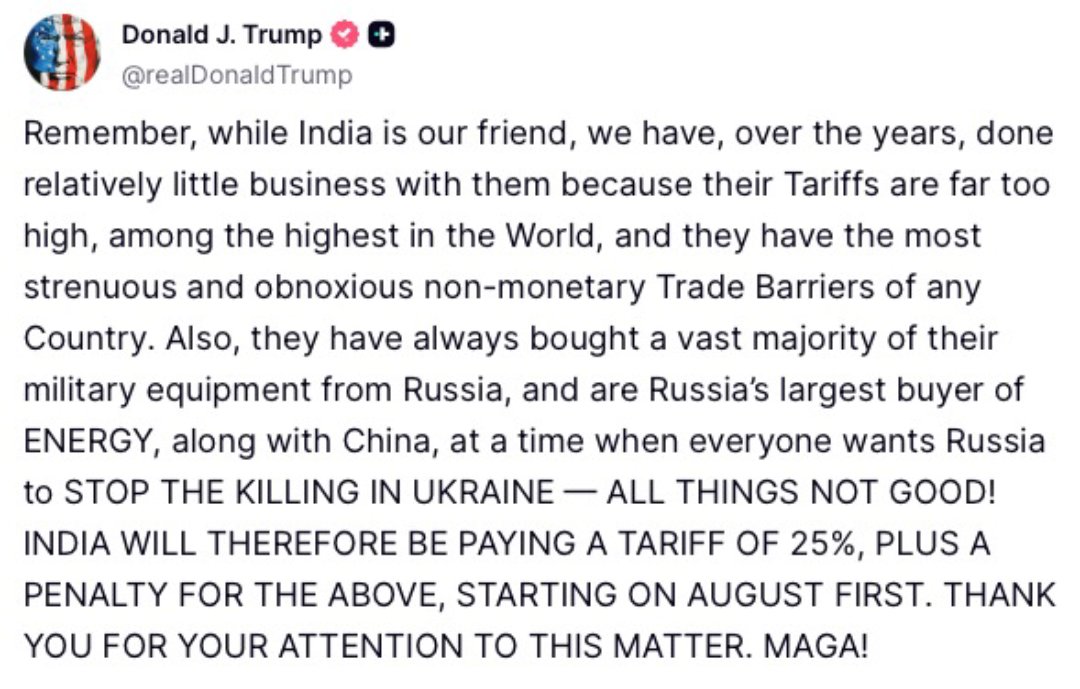 🇷🇺 Russia ने मुश्किल वक्त में साथ दिया,  
अब 🇺🇸 America tariff + penalty मार रहा है?

हम दोस्ती भी किसी से पूछकर करेंगे क्या?

India bows to none.  
#Trump #IndiaUS #tariff
