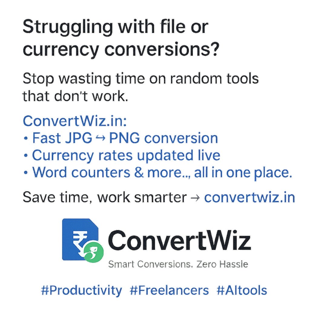 ConvertwizApp's tweet image. Still using 3 different websites for conversions?
ConvertWiz.in brings: • 1-click JPG ↔ PNG conversion • Live currency rates (USD, INR & more) • Word counters & more – all free!
⚡ Save time → convertwiz.in
#convertwiz #AI #productivityapp #Techtools