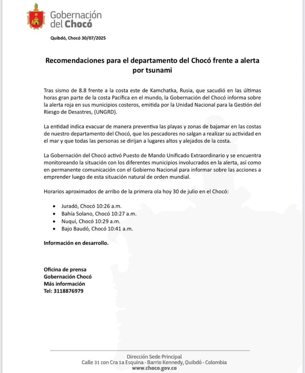 Alerta roja en el Chocó. Evacuación inmediata de playas y tierras de Baja mar.