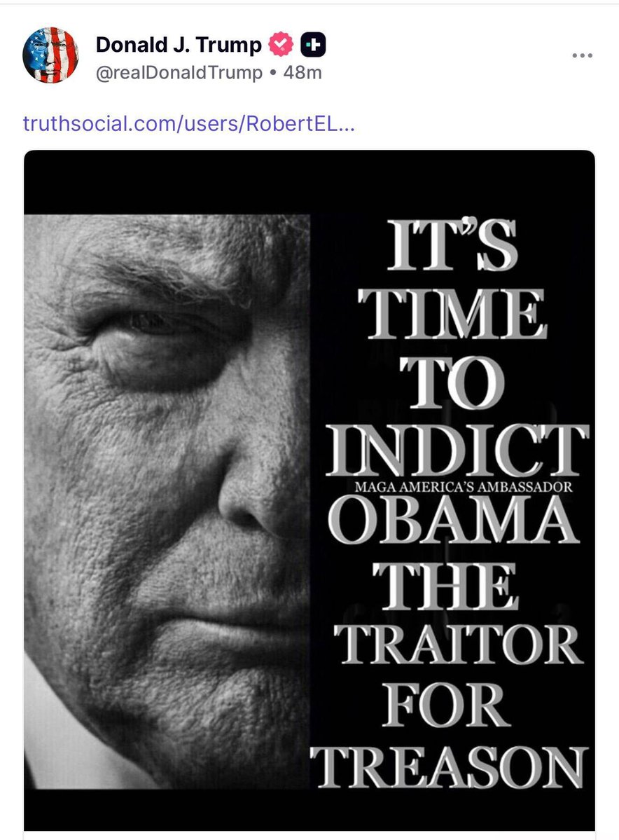 🚨President Trump is going off on Obama on Truth Social: 

“It’s time to indict Obama, the traitor, for treason.”