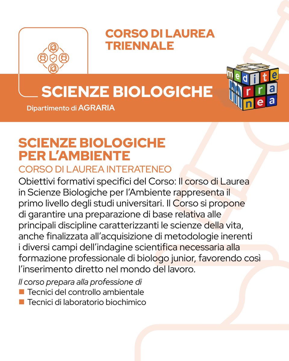 Scienze Biologiche – Triennale
Dipartimento di Agraria | Università Mediterranea
🗓️ A.A. 2025/2026

Formazione scientifica solida e focus su ambiente e laboratorio.

Prepara a:
– Tecnico del controllo ambientale
– Tecnico di laboratorio biochimico

ℹ️ unirc.it