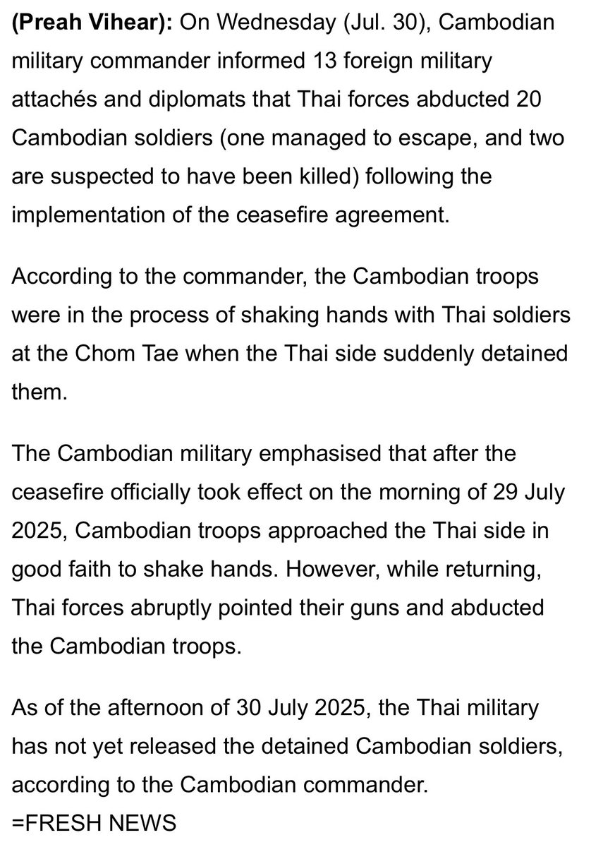 chornteth's tweet photo. BREAKING: Thailand Abducts 20 Cambodian Soldiers after Ceasefire Takes Effect 
(Fresh news international) https://t.co/YWrfNylbXT