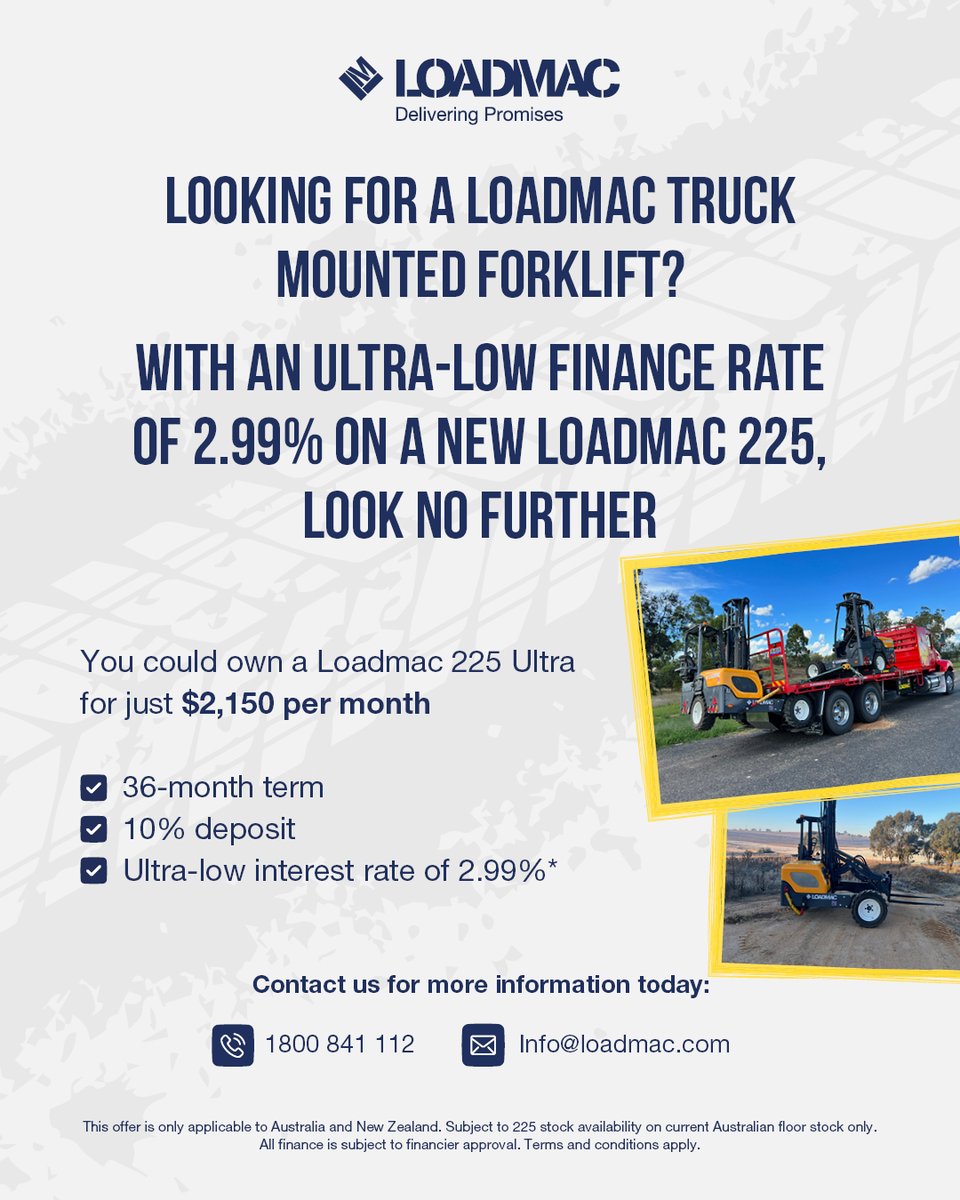Are you based in Australia or New Zealand? Are you looking to purchase a Loadmac 225 Ultra? 🤩

Check out this finance offer on our current stock machines! You could own a Loadmac 225 for just $2,150 per month*!

Get in touch today on 1800 841 112 ☎️

#Finance #Australia