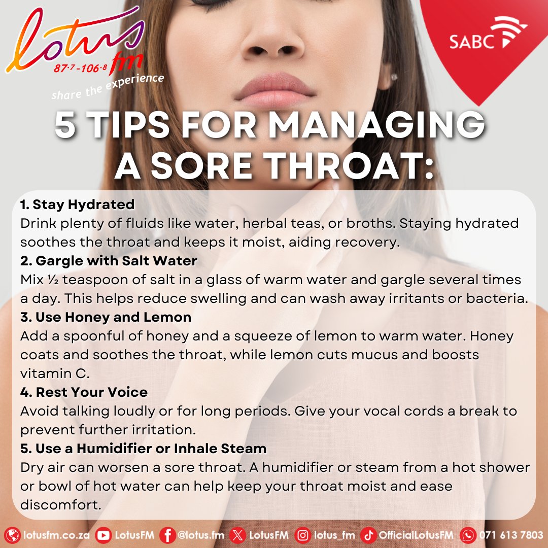 Happy #WellnessWednesday listeners! 🧘🏻‍♀️🤌🏼🪴🍏

Winter is the season for sore throats. 👅🩺

Here are 5 useful tips for managing a sore throat. 

#LotusFM #ShareTheExperience