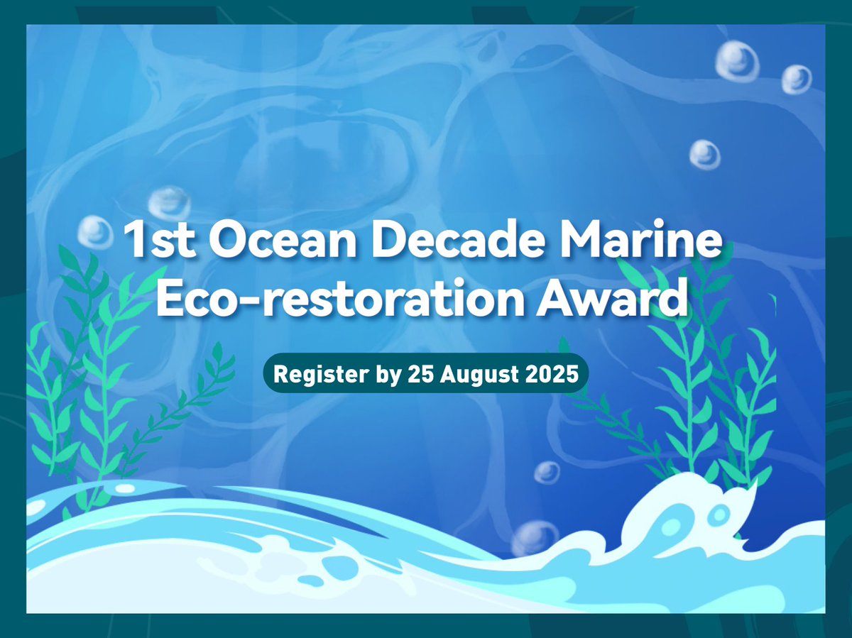 UN Ocean Decade (@unoceandecade) on Twitter photo Join the 1st #OceanDecade Marine Eco-restoration Award!
Co-organised by <a href="/ODICCPlatform/">Ocean Decade International Cooperation Center</a> and endorsed by the #OceanDecade, this competition aims to support advanced technologies and scientific solutions for ocean protection.
More info: ow.ly/Ho4J50Wwwfs Join the 1st #OceanDecade Marine Eco-restoration Award!
Co-organised by <a href="/ODICCPlatform/">Ocean Decade International Cooperation Center</a> and endorsed by the #OceanDecade, this competition aims to support advanced technologies and scientific solutions for ocean protection.
More info: ow.ly/Ho4J50Wwwfs