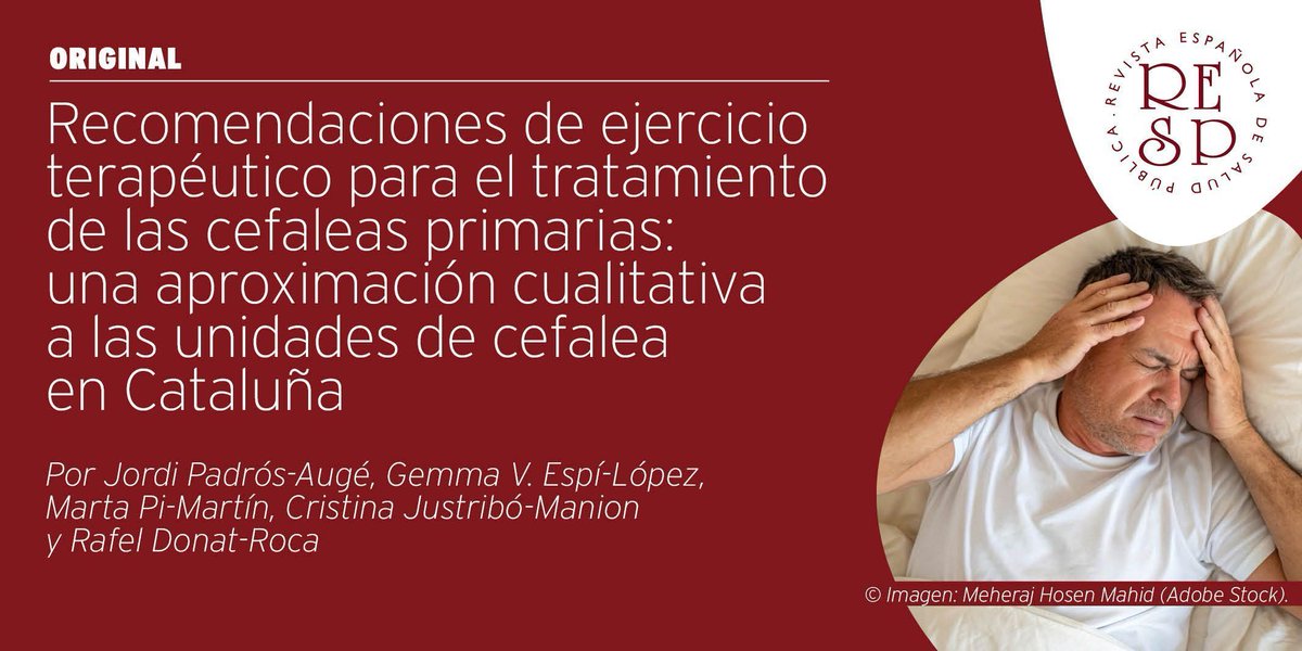 📢#NovedadRESP🆕
El ejercicio terapéutico (ET) es una parte fundamental del tratamiento preventivo en las cefaleas primarias crónicas. Este trabajo analiza las recomendaciones de ET en las consultas monográficas de cefalea.

🔗ojs.sanidad.gob.es/index.php/resp…