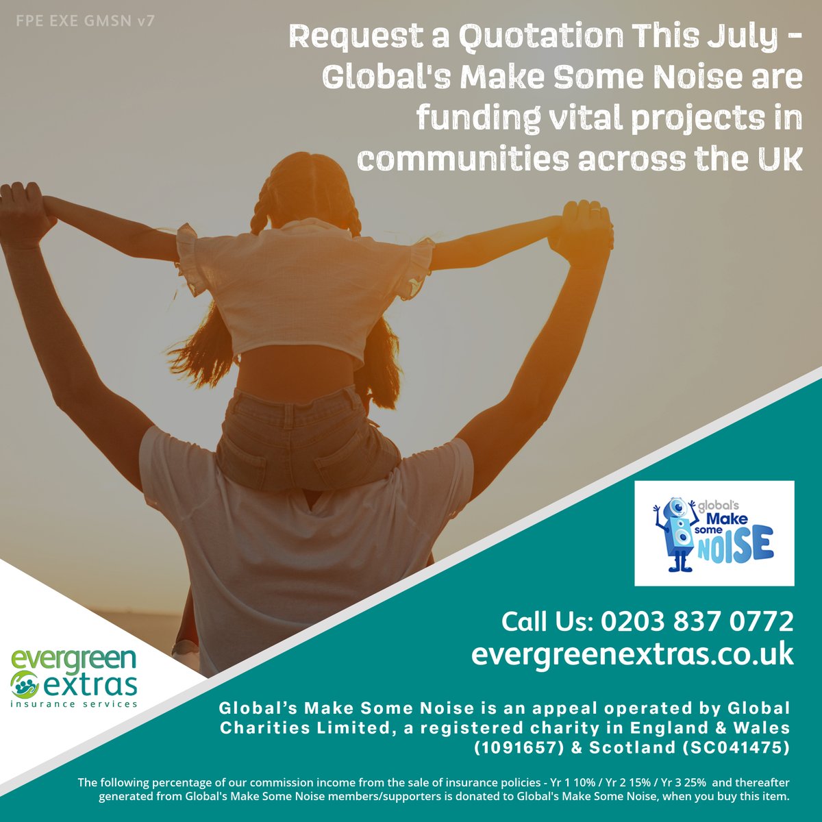 Support <a href="/makenoise/">Global's Make Some Noise</a> by taking out a policy through Evergreen Extras! 💚 We’ll donate up to 25% of our commission to help fund their amazing work supporting young people through music. 🎶

#EvergreenExtras #MakeSomeNoise #SupportThroughInsurance #GiveBack