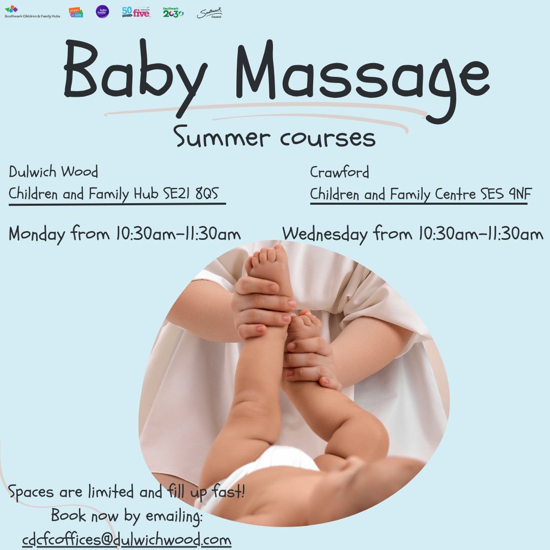 C&D Children Family Centres (@c_d_cfc) on Twitter photo ๐ถ Baby Massage is back this summer!
โจ Mon @ Dulwich Wood (SE21 8QS)
โจ Wed @ Crawford (SE5 9NF)
๐ฅ 10:30โ11:30am | 5-week courses from 28 & 30 July
๐ Booking required: cdcfcoffices@dulwichwood.com
Limited spaces โ donโt miss out!
#BabyMassage ๐ถ Baby Massage is back this summer!
โจ Mon @ Dulwich Wood (SE21 8QS)
โจ Wed @ Crawford (SE5 9NF)
๐ฅ 10:30โ11:30am | 5-week courses from 28 & 30 July
๐ Booking required: cdcfcoffices@dulwichwood.com
Limited spaces โ donโt miss out!
#BabyMassage