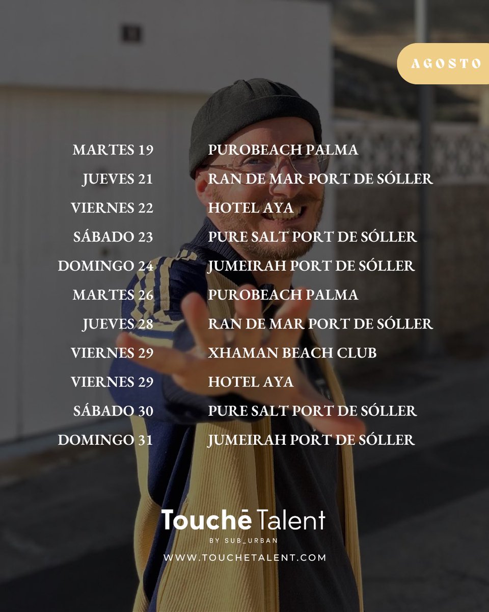 __Bonetti's tweet image. 📅My gigs of August with #touchetalent by #sub_urban are here.

🎛️During this month I will be playing at #purobeachbarcelona, #purobeachpalma, #sunsetloungejumeirah, #xhamanbeachclub, #restauranteverdmari, @RandemarSoller and #canayarestaurant.