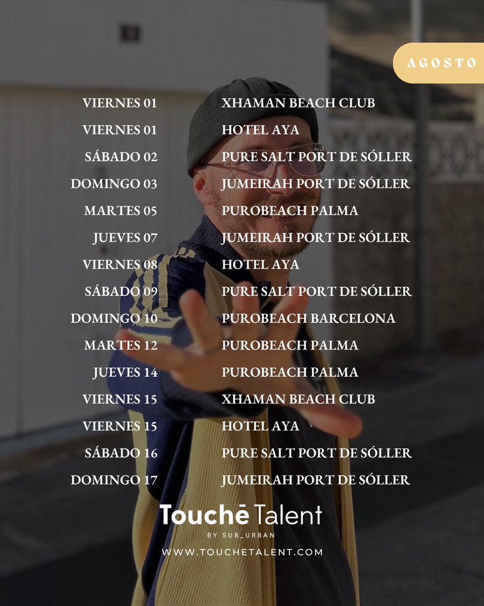 __Bonetti's tweet image. 📅My gigs of August with #touchetalent by #sub_urban are here.

🎛️During this month I will be playing at #purobeachbarcelona, #purobeachpalma, #sunsetloungejumeirah, #xhamanbeachclub, #restauranteverdmari, @RandemarSoller and #canayarestaurant.