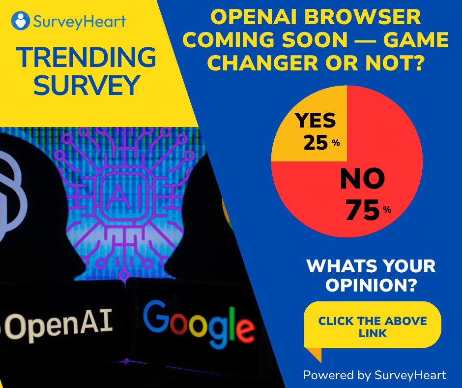 surveyheartapp's tweet image. Chrome has competition. OpenAI’s browser is coming.
surveyheart.com/form/summary/6…
Is the web about to transform completely?
Vote now 👉 
#OpenAIBrowser #TechShift #SurveyHeart #FormBuilder #OnlineForms