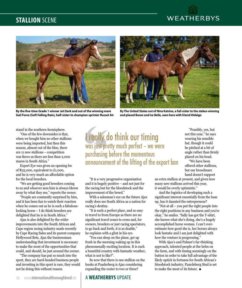 Earlier this year the ‘Weatherbys Stallion Scene’ section of the International Thoroughbred Magazine took you to South Africa 🇿🇦 .
One of the farms we visited was <a href="/paardeberg_stud/">Paardeberg Stud</a> - home to the Breeders’ Cup Mile winner Expert Eye 👉🏻 bit.ly/paardeberg. 
What a result it was