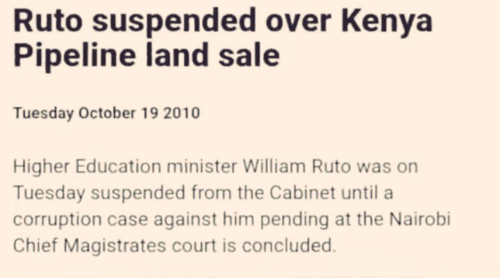 William Ruto was suspended in 2010 for selling Pipeline Lands!