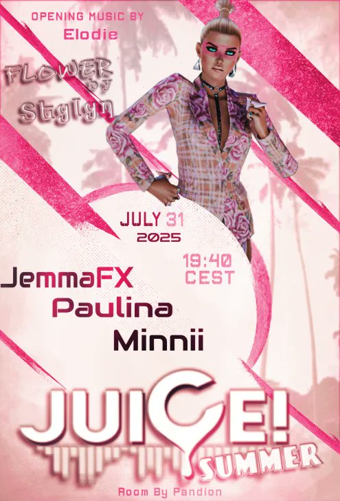 🌸🌼 This Thursday at JuiCe! club 🌹🌺
Step into a world of petals and power! Don’t miss my Flower Extravaganza catwalk show 🎶for Paulina's mixing🌺

Catwalk: 🕢 21:30 CEST | JULY 31

Dress code: FLOWER PRINT - Let's make a sassy, edgy, floral chaos!

#3dxchat #JuiCeClub #Stylyn