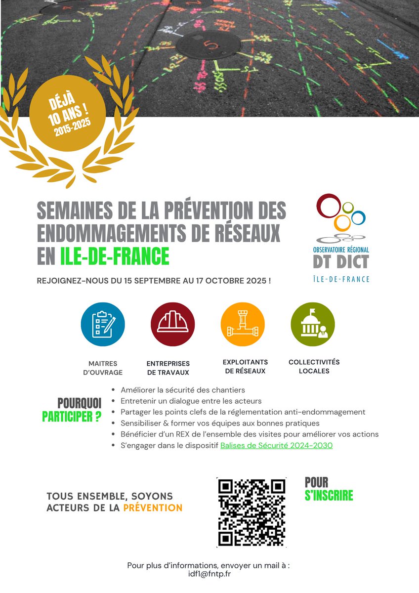 🔎 Prévention et sécurité : l’Observatoire régional Ile-de-France DT DICT vous donne rendez-vous pour la 10ème édition des Semaines de la Prévention !
🕘 Du 15 septembre au 17 octobre 2025
👉 Inscription gratuite mais obligatoire ici : lnkd.in/edgEWH-t
#Réseaux #Sécurité