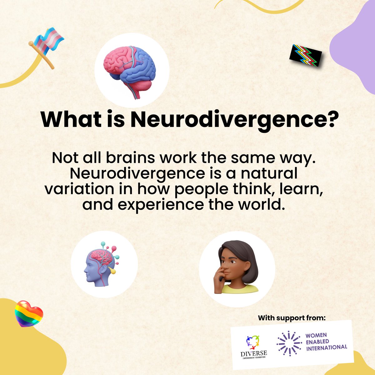 DiverseEmpower2's tweet image. Different minds build better worlds. Neurodivergence isn’t a problem to be fixed, it’s a perspective to be celebrated. 

From ADHD to autism, dyslexia to Tourette’s, cognitive diversity makes our world richer, more creative, and more innovative.

#DisabilityPrideMonth