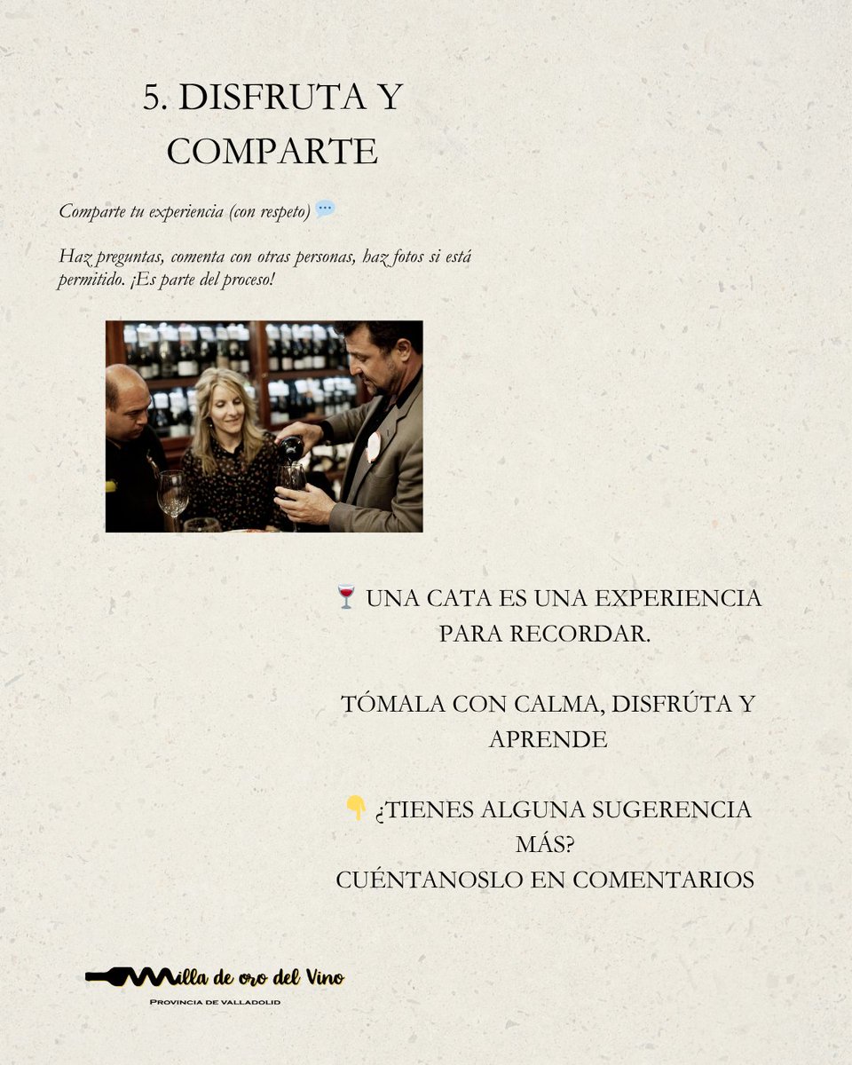 milladeorovino's tweet photo. 🍷✨ ¿Tienes una cata de vinos próximamente?
¡Te damos 5 consejos clave para disfrutarla al máximo!
👉 Desliza para descubrirlos.
@alimentosVALL @Dip_Va @turvalladolid
#CataDeVinos #TipsDeVino #Sumiller #AprenderDeVino https://t.co/xSm5HrnfRk