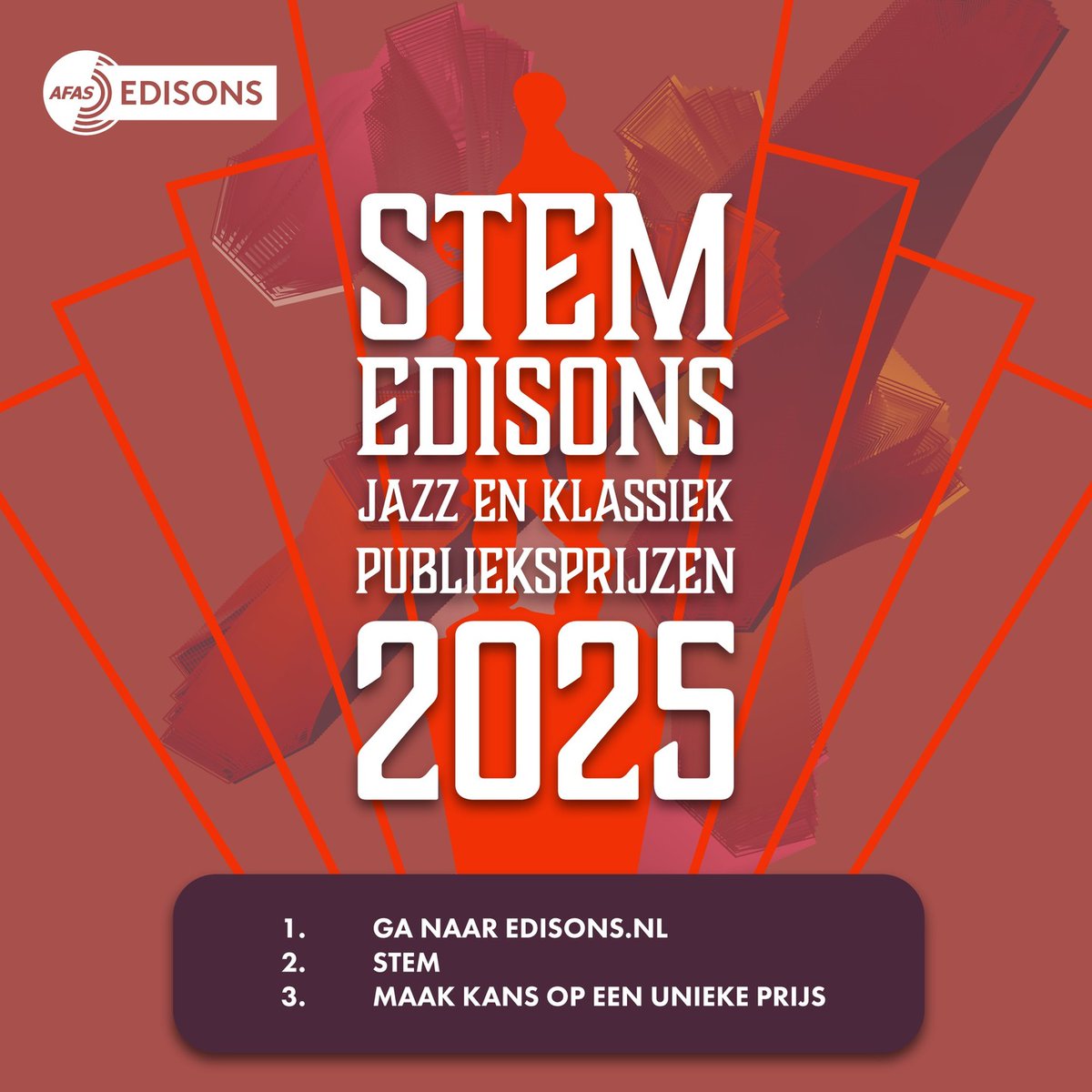 Stem op de Edisons Jazz en Klassiek publieksprijzen! ga naar edisons.nl en wie weet beleef jij op 6 oktober 2025 in het AFAS Theater een magische avond met een driegangendiner, exclusieve interviews en liveoptredens van nationale en internationale Edison-winnaars.