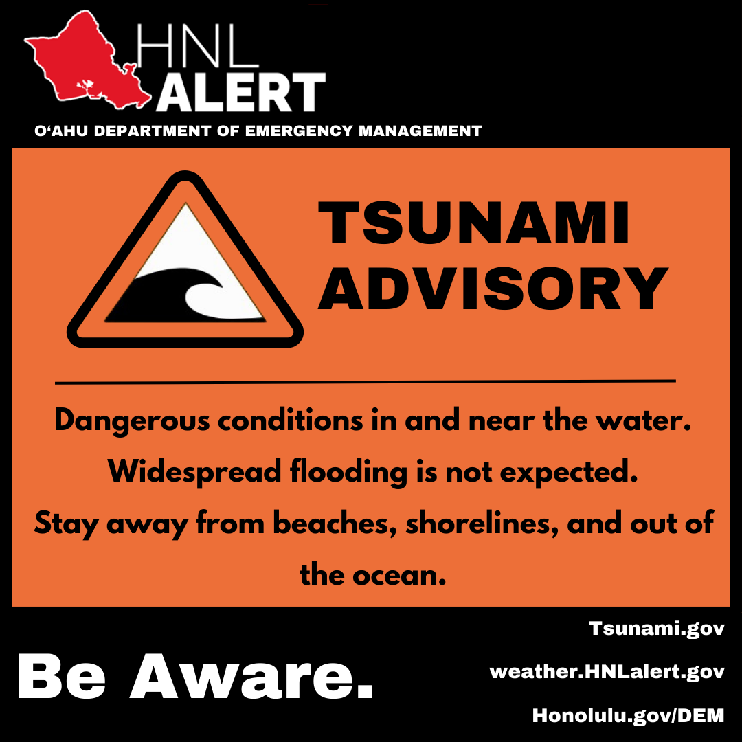 Oahu_DEM's tweet photo. Tsunami Warning downgraded to Tsunami Advisory. 

Evacuations canceled for Oahu. Residents may return home. 

Remain cautious in or near the water. Widespread flooding is NOT expected. Stay away from beaches, shorelines, and out of the ocean. 

Info at: https://t.co/YRpptHbSzb https://t.co/LIghpoCwpm