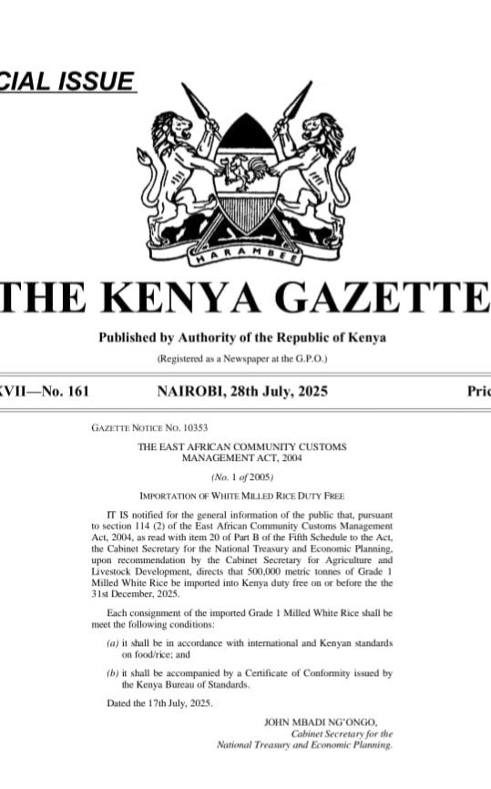 500 MT of Duty Free RICE just LANDED! 

Whose RICE is it?

Who is it that has been exempted from paying import Tax?

Who stands to benefit from the  importation of DUTY FREE RICE? 

#transactionalpolitricks 
#KenyaNiDukaLaMtu
#bottomsup 
#KOT