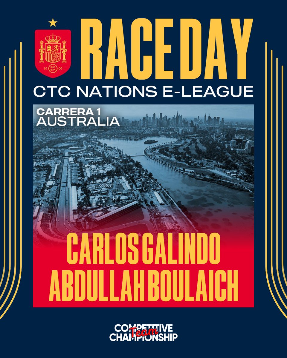 Selección Española de Simracing (@sesimracing) on Twitter photo 🏁 𝗥𝗔𝗖𝗘 𝗗𝗔𝗬 - <a href="/CTChampionship_/">Competitive Team Championship</a>
Carrera 1 - Australia 🇦🇺 - 20:00
Hoy comienza una temporada muy especial... 👀
👥 𝗟𝗜𝗡𝗘𝗨𝗣
- <a href="/carlos__gal/">Carlos Galindo</a>
- <a href="/maboulaichh/">Abdullah Boulaich</a>
🎙: <a href="/SamuelDiaz75/">Samuel Díaz</a> & <a href="/ikerjimenez05/">Iker Jiménez</a>
#VamosEspaña | #NationsELeague 🏁 𝗥𝗔𝗖𝗘 𝗗𝗔𝗬 - <a href="/CTChampionship_/">Competitive Team Championship</a>
Carrera 1 - Australia 🇦🇺 - 20:00
Hoy comienza una temporada muy especial... 👀
👥 𝗟𝗜𝗡𝗘𝗨𝗣
- <a href="/carlos__gal/">Carlos Galindo</a>
- <a href="/maboulaichh/">Abdullah Boulaich</a>
🎙: <a href="/SamuelDiaz75/">Samuel Díaz</a> & <a href="/ikerjimenez05/">Iker Jiménez</a>
#VamosEspaña | #NationsELeague