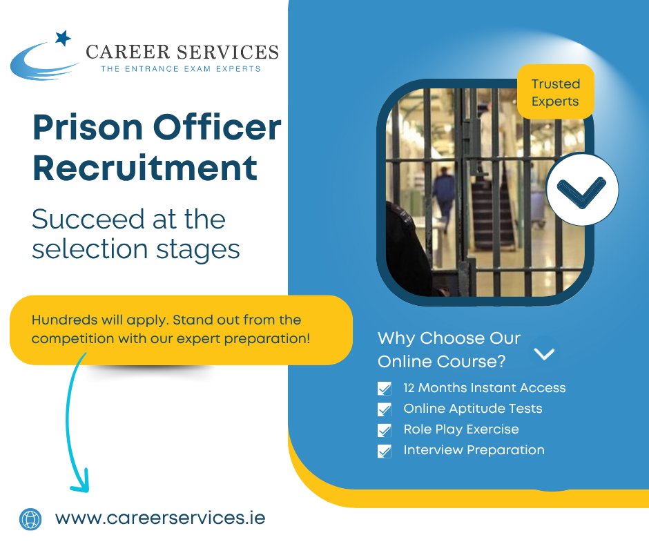 cspreparation's tweet photo. Time’s Almost Up: Prison Officer Deadline This Thursday!

The Irish Prison Service is hiring — but the application deadline is Thursday, 31st July at 3PM.

Find out more here: https://t.co/80TeCJFl79

#prisonofficer #irishprisonservice https://t.co/RwGD84THji