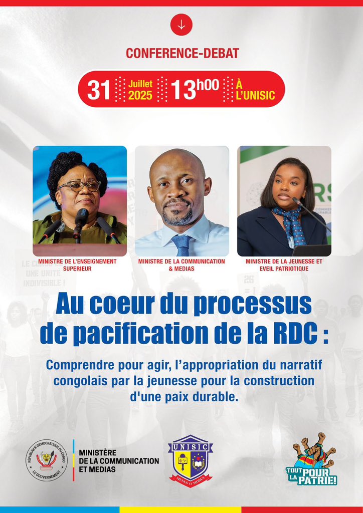#RDC: Le Ministre de la <a href="/Com_mediasRDC/">Ministère de la Communication et Médias/RDC</a>, SEM. <a href="/PatrickMuyaya/">Patrick Muyaya</a>  nous donne rendez-vous, demain jeudi à l’Unisic (Ex- Ifasic) où il échangera avec les enseignants et étudiants en journalisme pour parler de la souveraineté narrative, en marge de la conférence sur la pacification de la