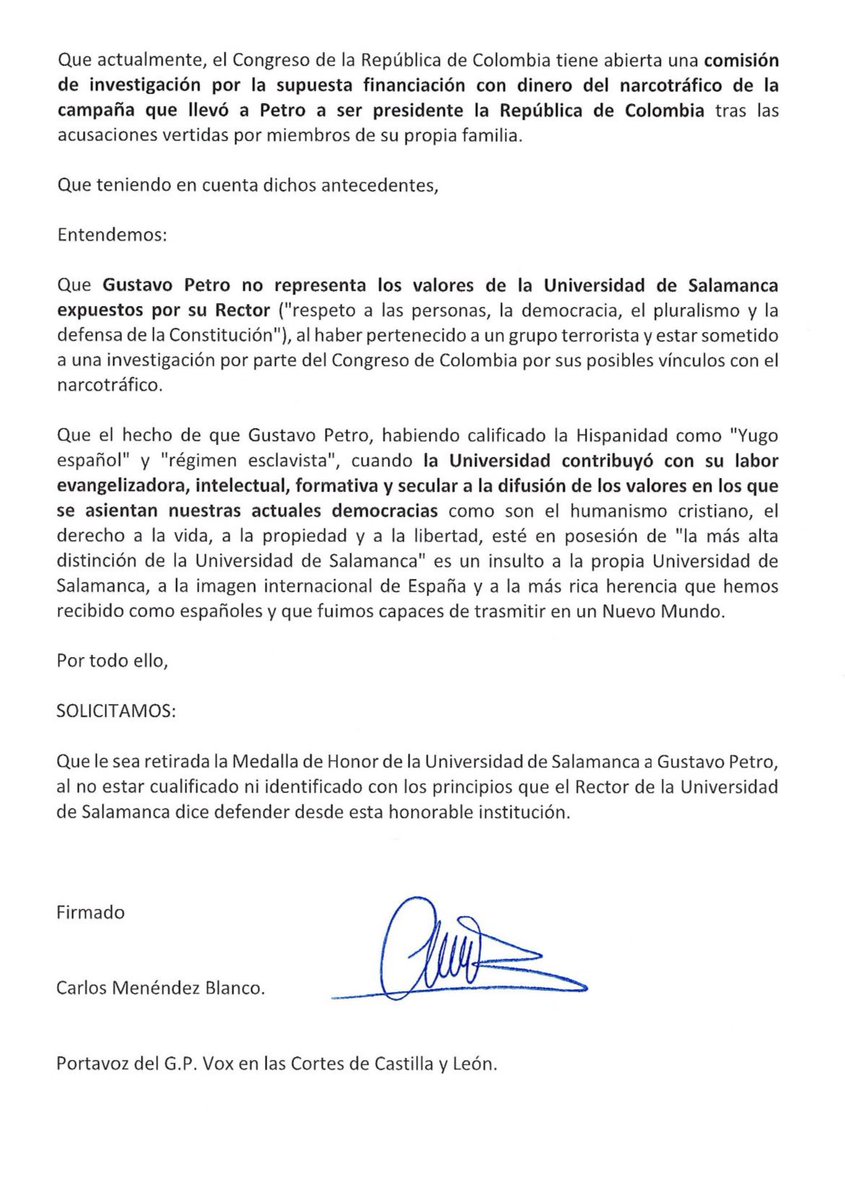 VOX Cortes de Castilla y León (@vox_cortescyl) on Twitter photo 🔴Hace año y medio, <a href="/vox_es/">VOX 🇪🇸</a> solicitó al anterior Rector de la <a href="/usal/">Universidad de Salamanca</a> la retirada de la máxima distinción de la institución a Gustavo Petro.
Es una auténtica vergüenza que alguien que insulta de esta forma a los españoles mantenga ese galardón.
No solo insulta a los españoles, 🔴Hace año y medio, <a href="/vox_es/">VOX 🇪🇸</a> solicitó al anterior Rector de la <a href="/usal/">Universidad de Salamanca</a> la retirada de la máxima distinción de la institución a Gustavo Petro.
Es una auténtica vergüenza que alguien que insulta de esta forma a los españoles mantenga ese galardón.
No solo insulta a los españoles,