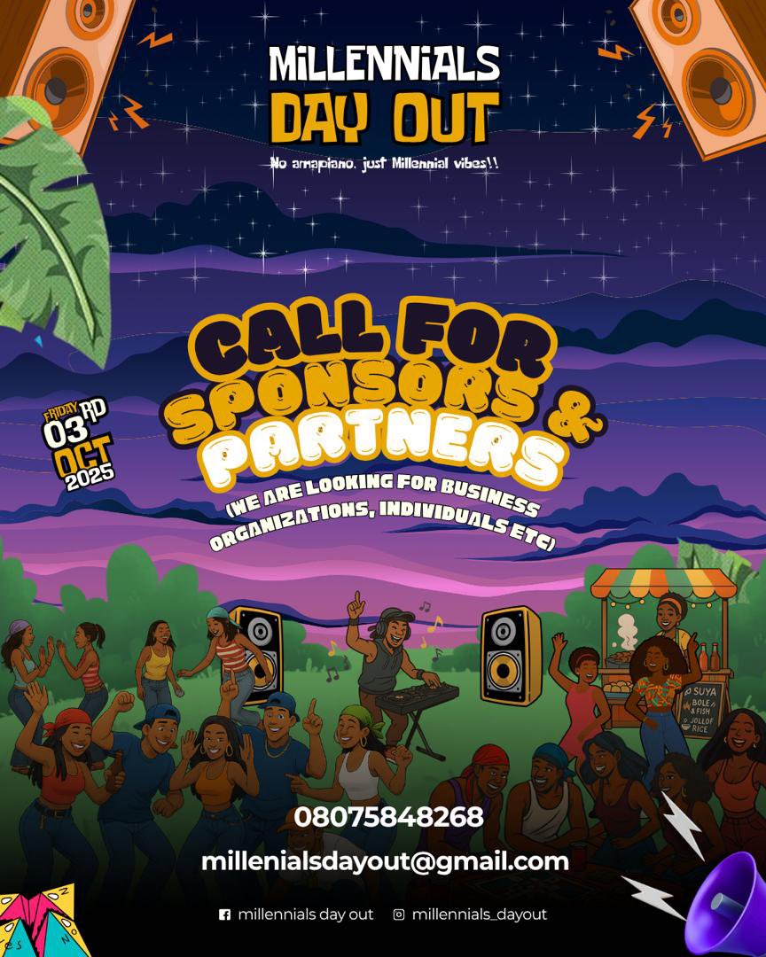 Millennials Day out 2nd edition will be holding on the 3rd of October. 

We are now officially open to sponsorship and partnership. 

Call the number on this post or send us an email let’s deal and have a great time. 

#MillennialsDayOut