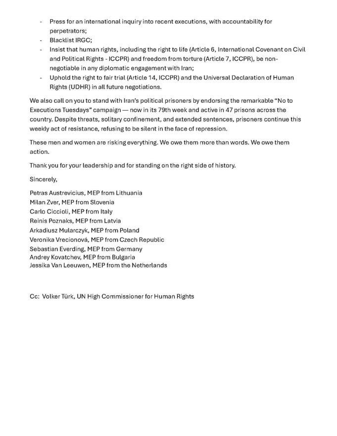 Jessika van Leeuwen (@jessikavanlee24) on Twitter photo Vandaag ondertekende ik, samen met andere MEP’s, een brief aan <a href="/kajakallas/">Kaja Kallas</a> waarin wij onze afschuw kenbaar maken over de executies van Mehdi Hassani en Behrouz Eshani.
Samen roepen we op tot actie tegen het Iraanse regime en de Iraanse Revolutionaire Garde (#IRGC). <a href="/BBB_EUropa/">BBB Europa</a> Vandaag ondertekende ik, samen met andere MEP’s, een brief aan <a href="/kajakallas/">Kaja Kallas</a> waarin wij onze afschuw kenbaar maken over de executies van Mehdi Hassani en Behrouz Eshani.
Samen roepen we op tot actie tegen het Iraanse regime en de Iraanse Revolutionaire Garde (#IRGC). <a href="/BBB_EUropa/">BBB Europa</a>