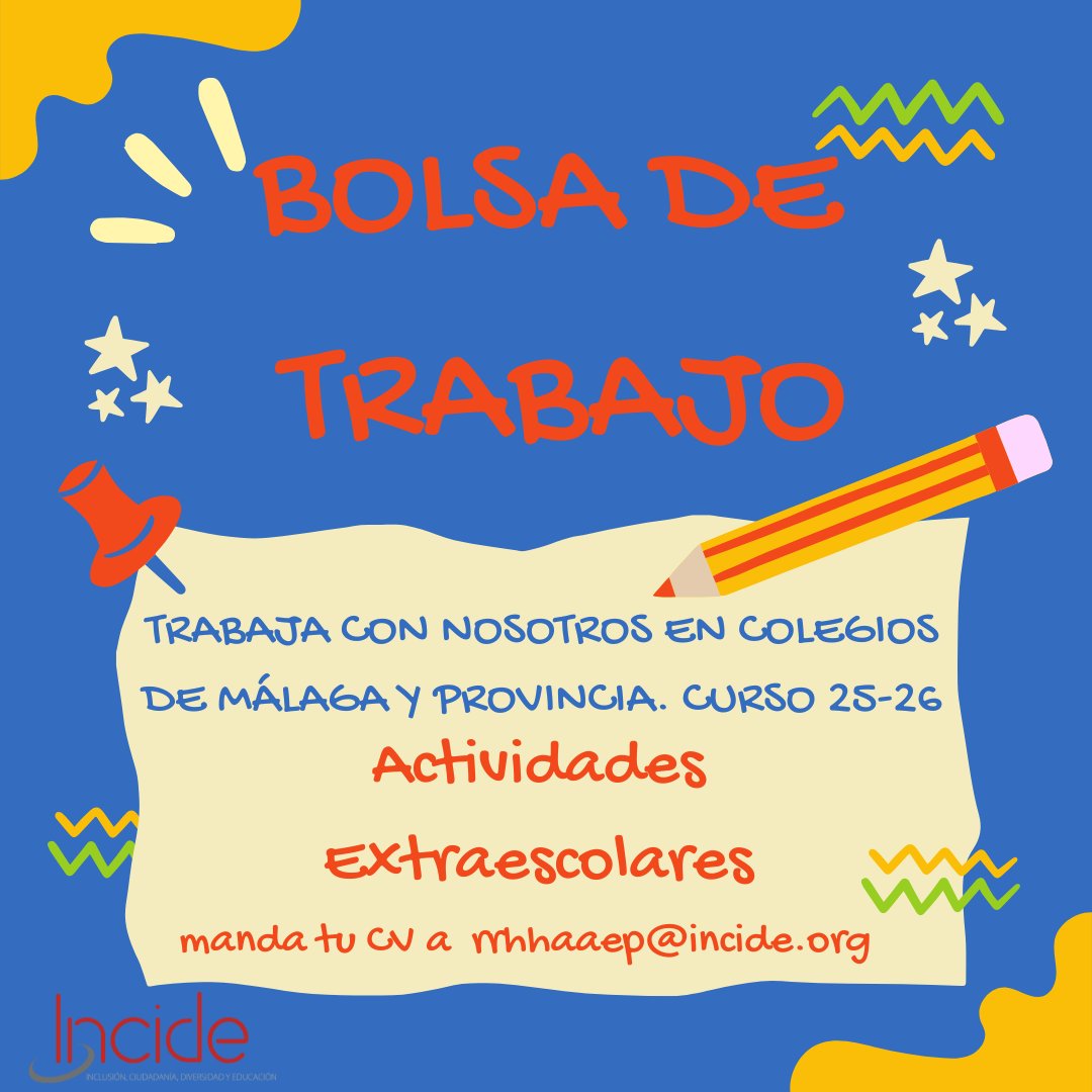 Continúa abierta nuestra bolsa de trabajo de cara a las actividades extraescolares del próximo curso 25-26. Si aún no has mandado tu CV,  tienes hasta finales de agosto para hacerlo al email rrhhaaep@incide.org