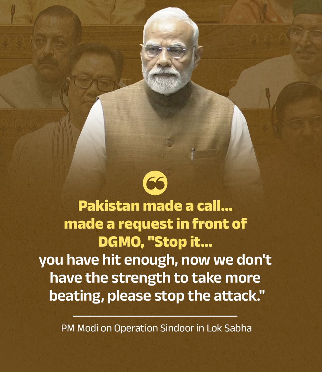 Pakistan made a call… requested our DGMO,

"𝐒𝐭𝐨𝐩 𝐢𝐭... 𝐲𝐨𝐮 𝐡𝐚𝐯𝐞 𝐡𝐢𝐭 𝐞𝐧𝐨𝐮𝐠𝐡, 𝐧𝐨𝐰 𝐰𝐞 𝐝𝐨𝐧'𝐭 𝐡𝐚𝐯𝐞 𝐭𝐡𝐞 𝐬𝐭𝐫𝐞𝐧𝐠𝐭𝐡 𝐭𝐨 𝐭𝐚𝐤𝐞 𝐦𝐨𝐫𝐞 𝐛𝐞𝐚𝐭𝐢𝐧𝐠, 𝐩𝐥𝐞𝐚𝐬𝐞 𝐬𝐭𝐨𝐩 𝐭𝐡𝐞 𝐚𝐭𝐭𝐚𝐜𝐤."

Here's the full speech of PM Modi 👇🏻